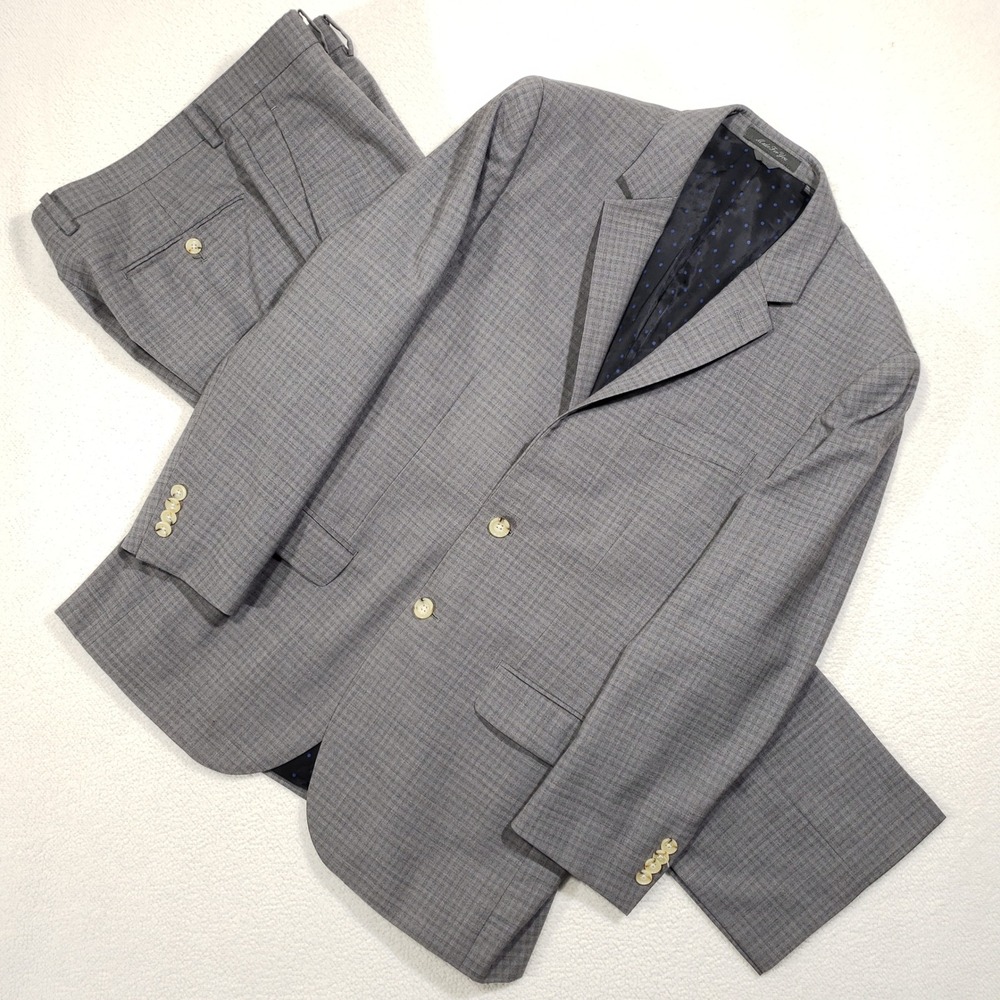 Indochino 2-Piece Suit Mens 42R 36W Gray 100% Wool Check 2 Button Flat Front